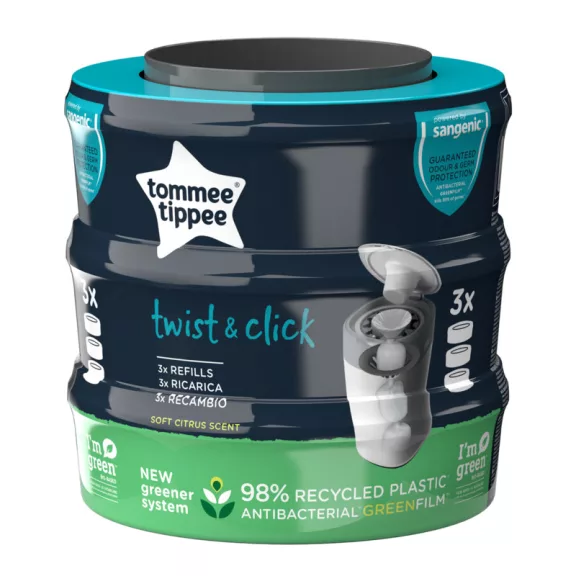 Tommee Tippee Twist & Click és Sangenic Tec pelenkatároló utántöltő kazetta citrus 3 db Tommee Tippee Twist & Click és Sangenic Tec pelenkatároló utántöltő kazetta citrus 3 db