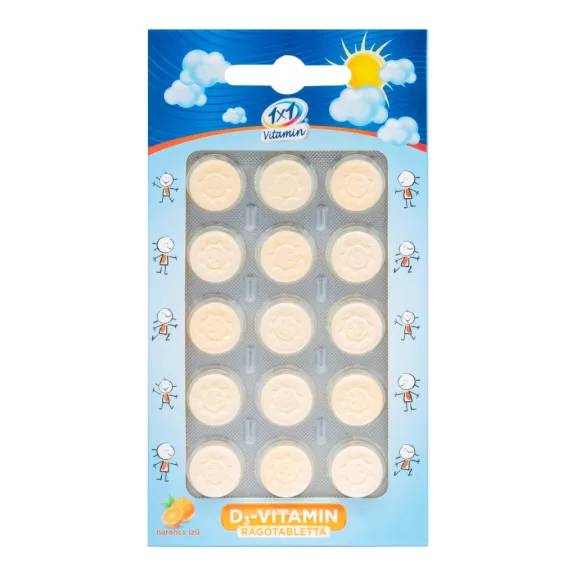 1x1 Vitamin D3-vitamin 400 NE narancs ízű étrend-kiegészítő rágótabletta édesítőszerrel, napocskás 15 db 1x1 Vitamin D3-vitamin 400 NE narancs ízű étrend-kiegészítő rágótabletta édesítőszerrel, napocskás 15 db