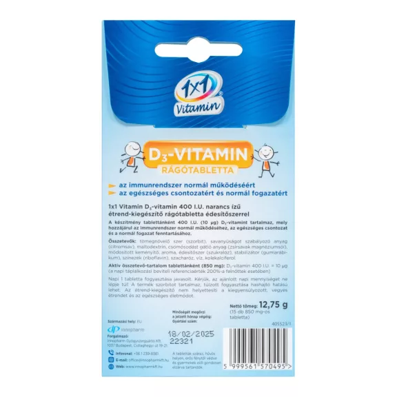 1x1 Vitamin D3-vitamin 400 NE narancs ízű étrend-kiegészítő rágótabletta édesítőszerrel, napocskás 15 db 1x1 Vitamin D3-vitamin 400 NE narancs ízű étrend-kiegészítő rágótabletta édesítőszerrel, napocskás 15 db