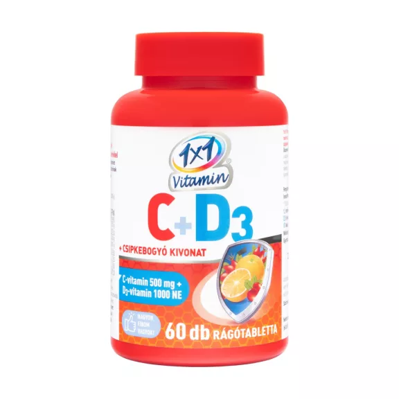 1×1 Vitamin C-vitamin 500 mg + D3-vitamin 1000 NE narancs ízű étrend-kiegészítő rágótabletta csipkebogyóval 60 db 1×1 Vitamin C-vitamin 500 mg + D3-vitamin 1000 NE narancs ízű étrend-kiegészítő rágótabletta csipkebogyóval 60 db