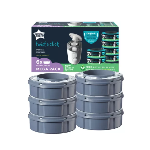 Tommee Tippee Twist & Click és Sangenic Tec pelenkatároló utántöltő kazetta citrus 6 db Tommee Tippee Twist & Click és Sangenic Tec pelenkatároló utántöltő kazetta citrus 6 db