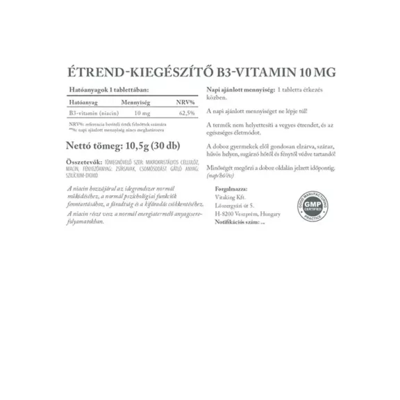 Vitaking Niacin B3 tabletta 10 mg 30 db Vitaking Niacin B3 tabletta 10 mg 30 db