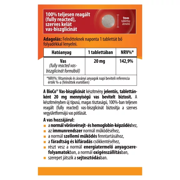 BioCo Vas-biszglicinát 20 mg tabletta 60 db BioCo Vas-biszglicinát 20 mg tabletta 60 db