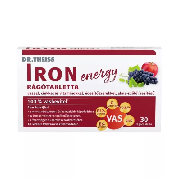 Dr. Theiss Iron Energy édesítővel rágótabletta alma-szőlő ízű 30 db Dr. Theiss Iron Energy édesítővel rágótabletta alma-szőlő ízű 30 db
