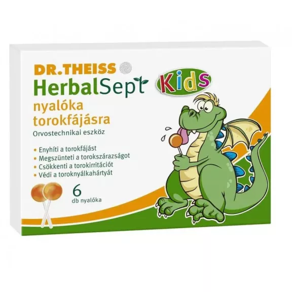 Dr. Theiss Herbalsept kids nyalóka köhögésre alma ízesítésű 6 db Dr. Theiss Herbalsept kids nyalóka köhögésre alma ízesítésű 6 db