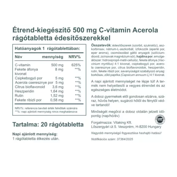 Vitaking Acerola C-500 eper ízű rágótabletta 20 db Vitaking Acerola C-500 eper ízű rágótabletta 20 db