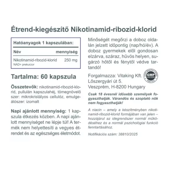 Vitaking NAD+ 250 mg kapszula 60 db Vitaking NAD+ 250 mg kapszula 60 db