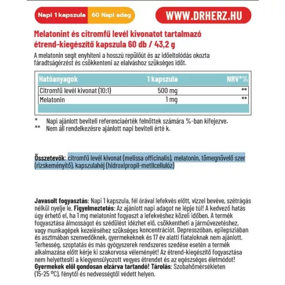 Dr. Herz Melatonin 1 mg + citromfű levél 60 db Dr. Herz Melatonin 1 mg + citromfű levél 60 db