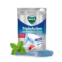   Wick Triple Action cukormentes torokcukorka mentollal és feketeribizli lével 72 g