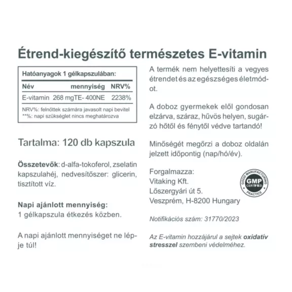 Vitaking természetes E-vitamin 400NE 120 db Vitaking természetes E-vitamin 400NE 120 db